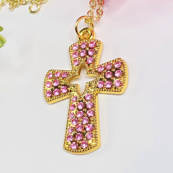 Pink Pave Crystal Cross Necklace - Picture 13 of 14